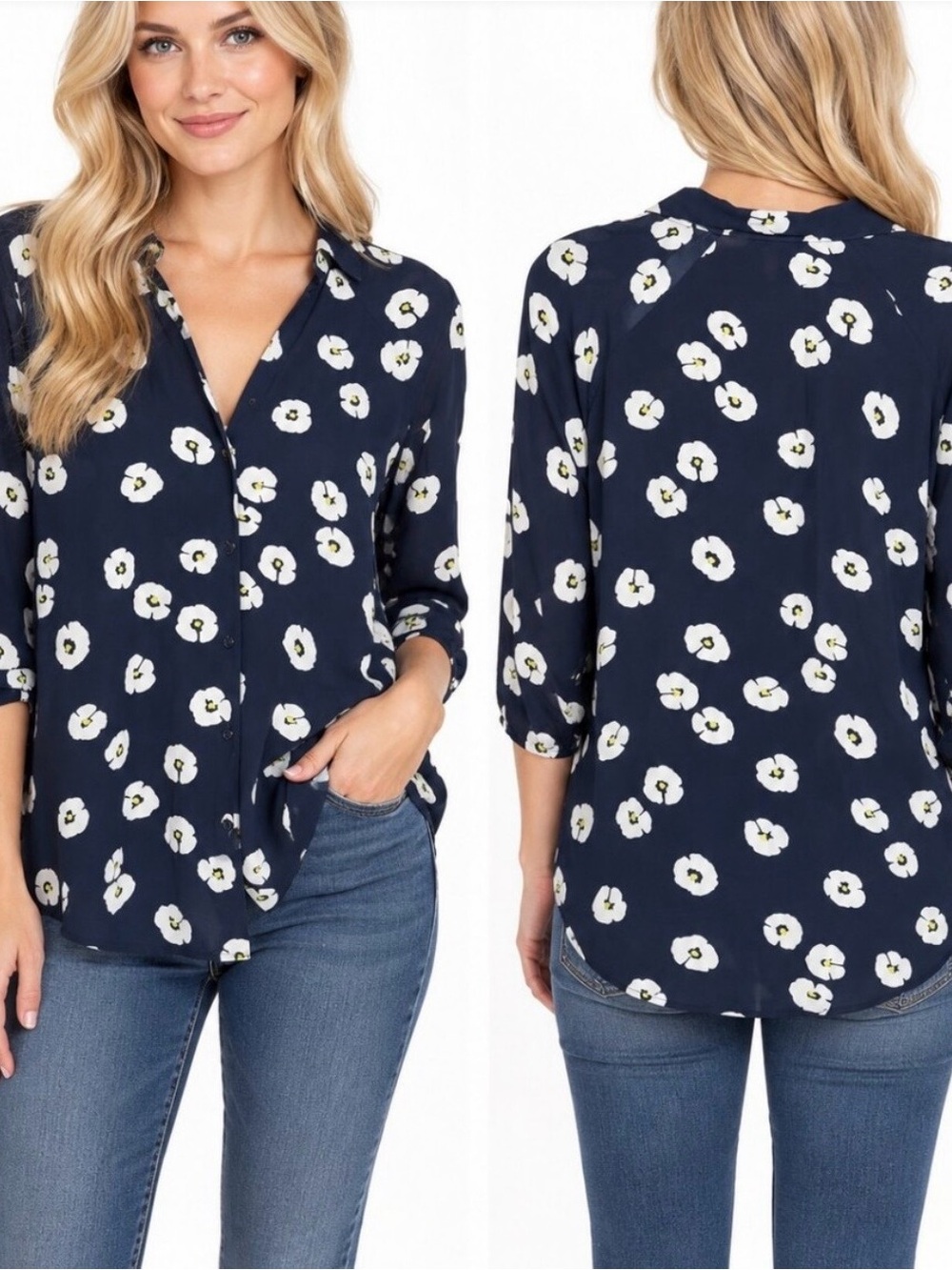 Cabi Go To navy daisy button down blouse xs